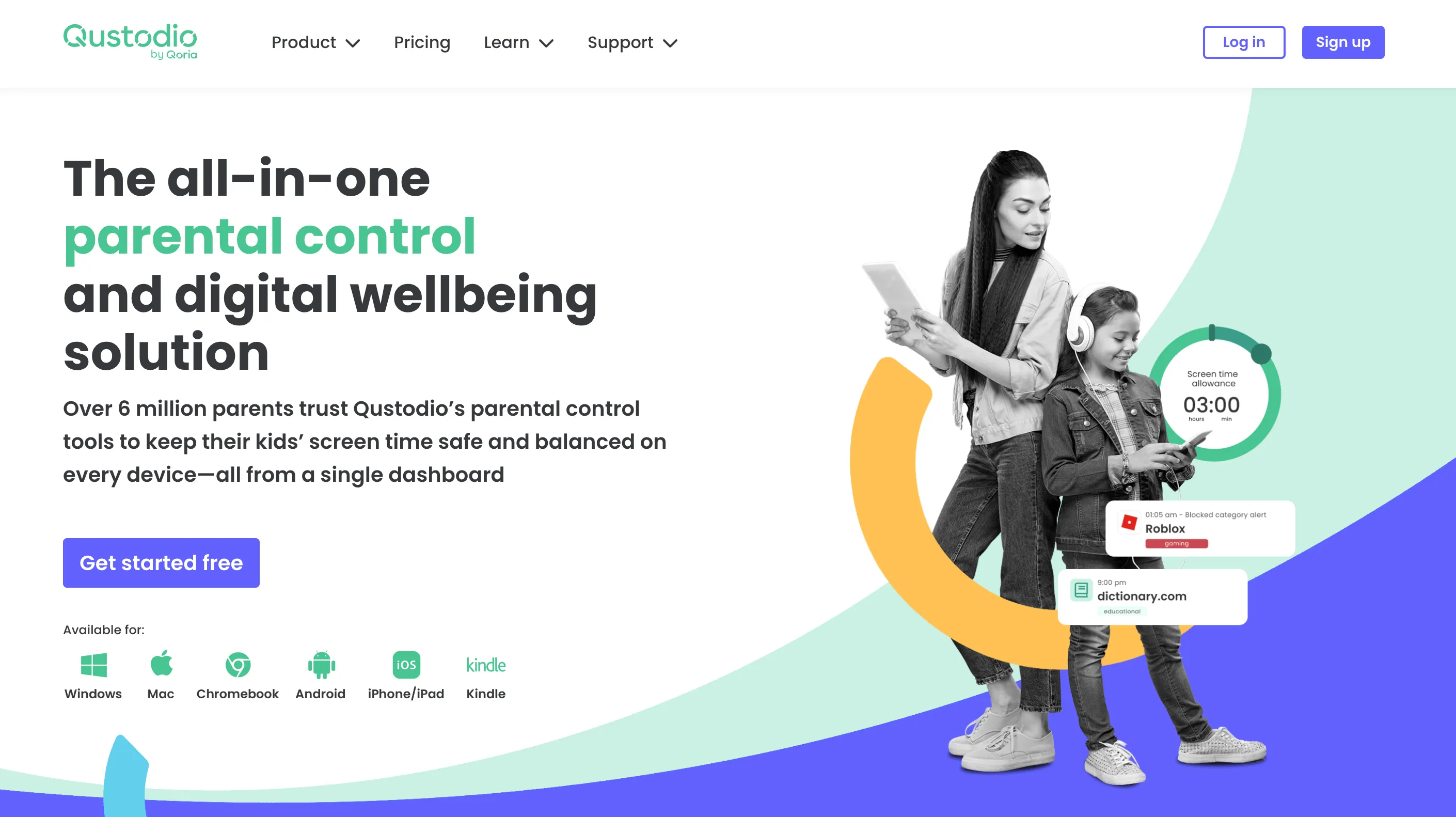 Qustodio’s homepage showing a mom looking over the shoulder of her child using a phone with product UX elements around her.